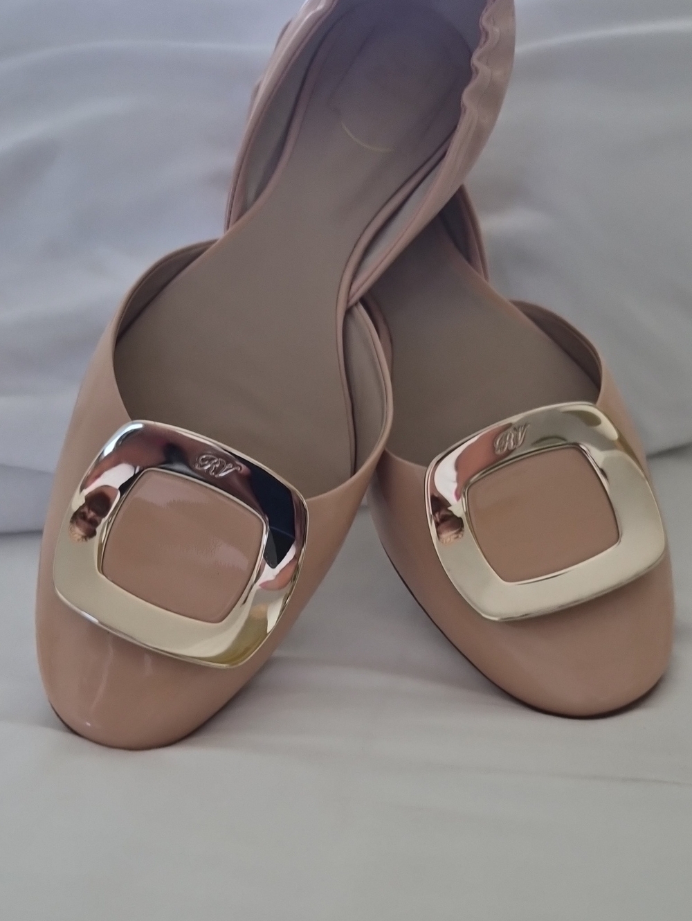 Roger Vivier Nude Patent Ballet Flats with Gold Buckle